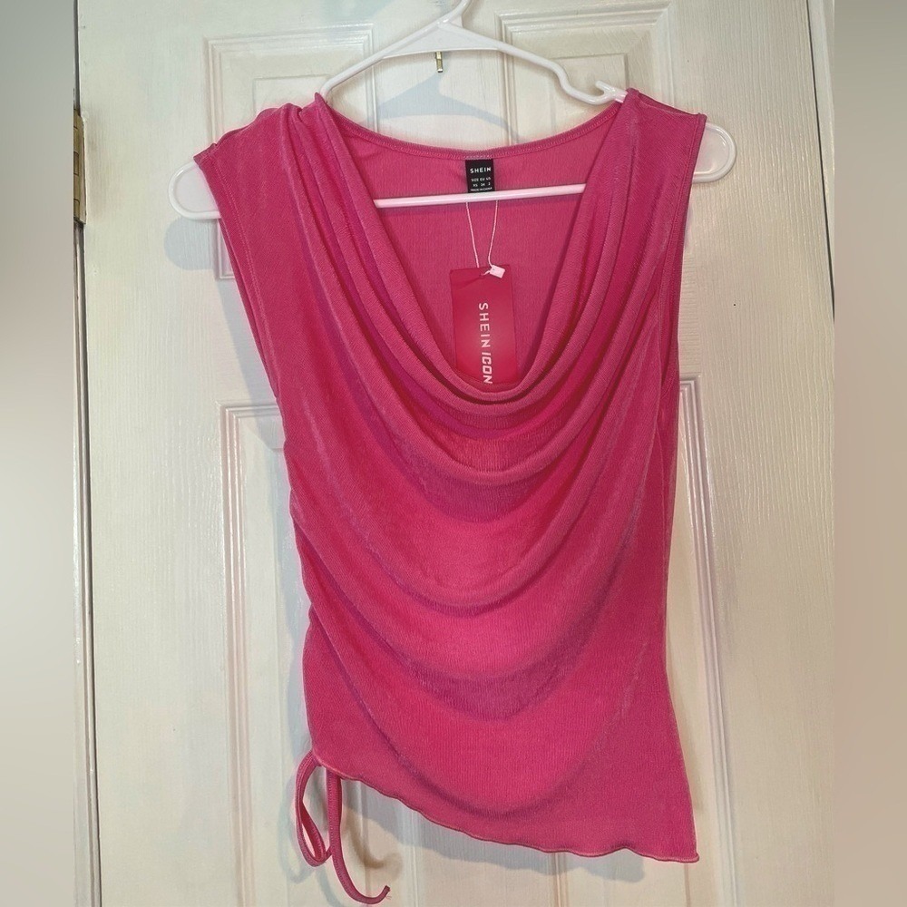New SHEIN Pink Tee Draped Collar Drawstring Side Asymmetrical‎ Hem Size 2
